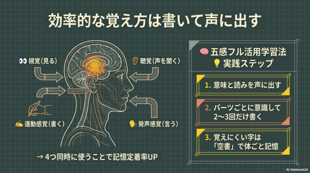 五感を使った漢字学習法のインフォグラフィック。書く・声に出す・空書を図解。

