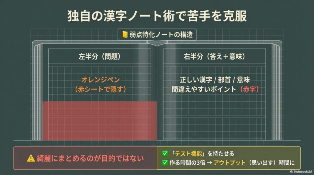 弱点特化型漢字ノートの作り方を図解するインフォグラフィック。
