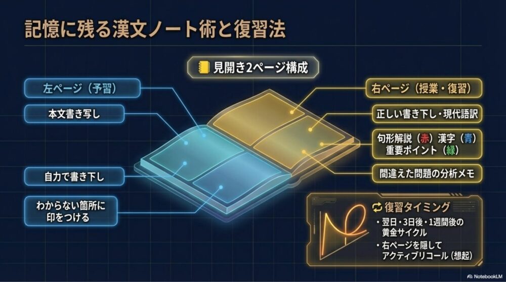 見開き2ページのノート構成とアクティブリコール復習法の図解

