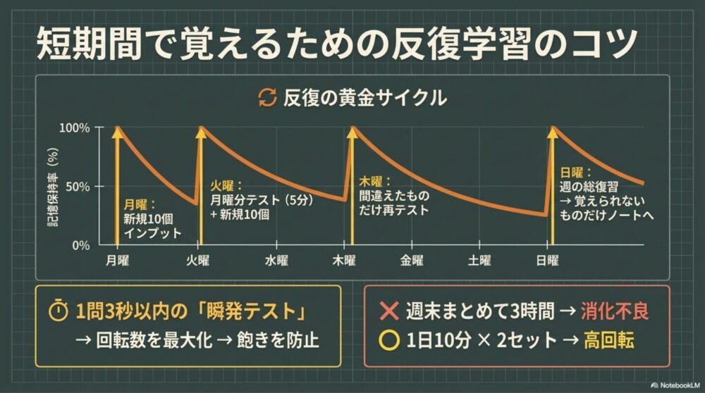 反復学習の黄金サイクル「翌日・3日後・1週間後」を示す図解。
