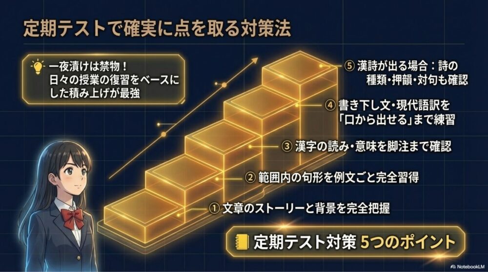 定期テスト漢文の対策ポイントをまとめたインフォグラフィック
