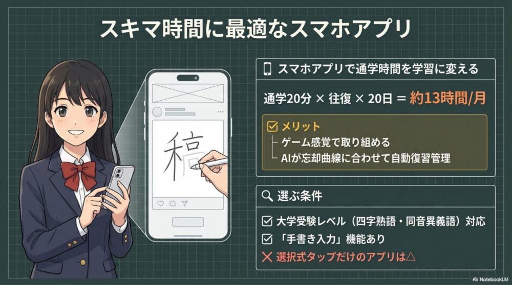 スキマ時間を漢字学習に変えるスマホアプリ活用法のインフォグラフィック。
