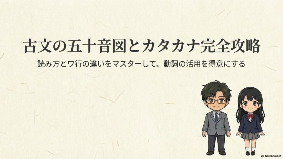 たく先生とみちかちゃんが登場する「古文の五十音図とカタカナ完全攻略」のスライド表紙画像 2. なぜ重要なのか