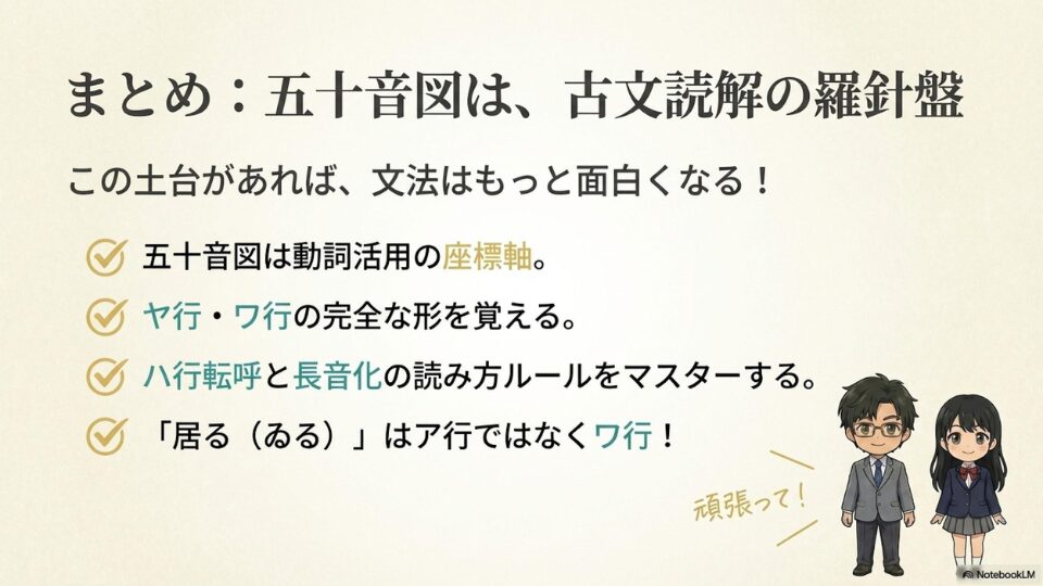 五十音図の重要性と学習のポイントをまとめたスライド