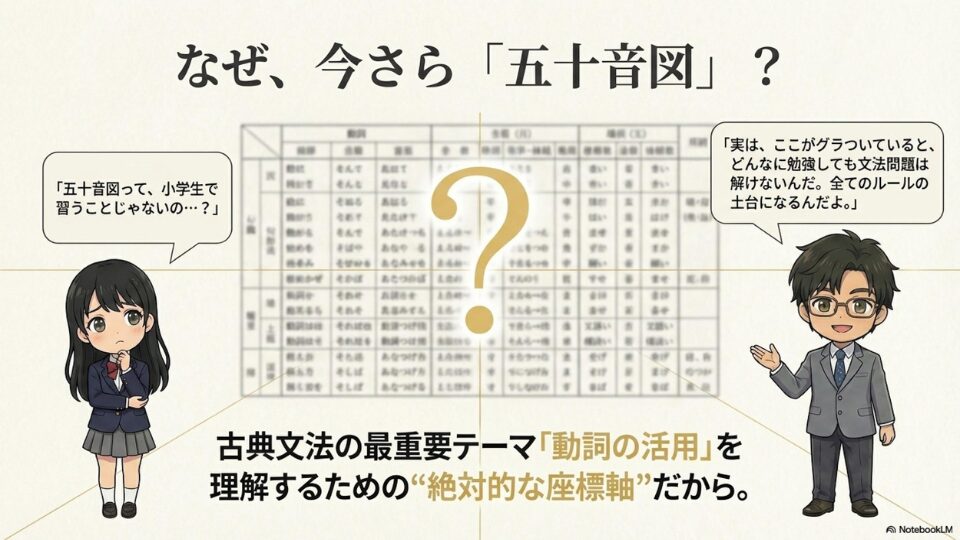 五十音図が動詞の活用を理解するための絶対的な座標軸であることを解説するスライド