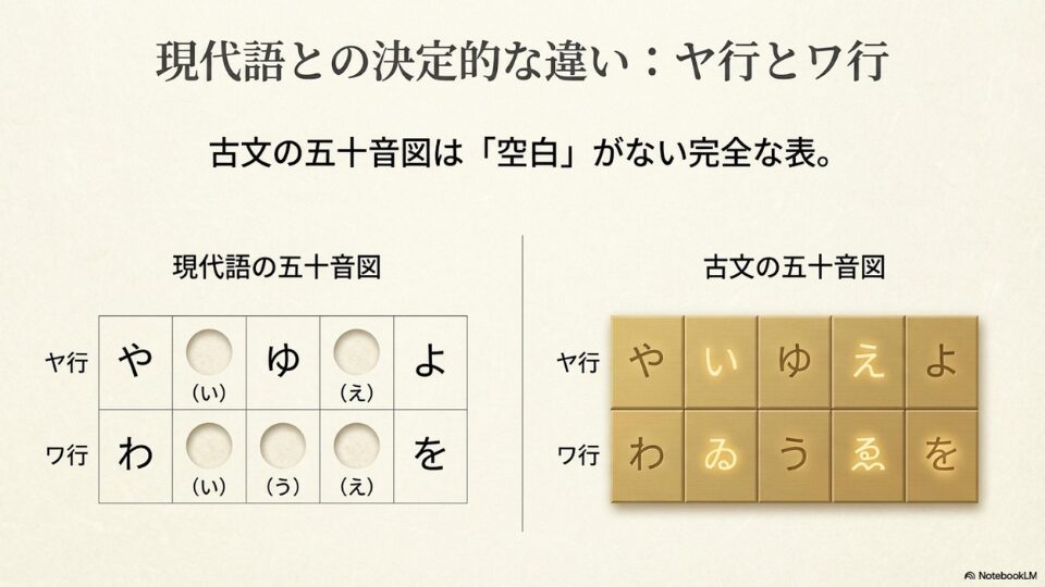 現代語の五十音図と古文の五十音図（ヤ行・ワ行）の空白の違いを示した比較表スライド