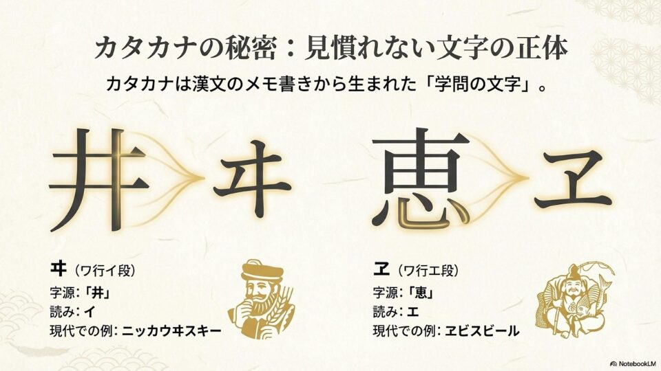 カタカナの「ヰ」が「井」、「ヱ」が「恵」という漢字から作られたことを示すスライド