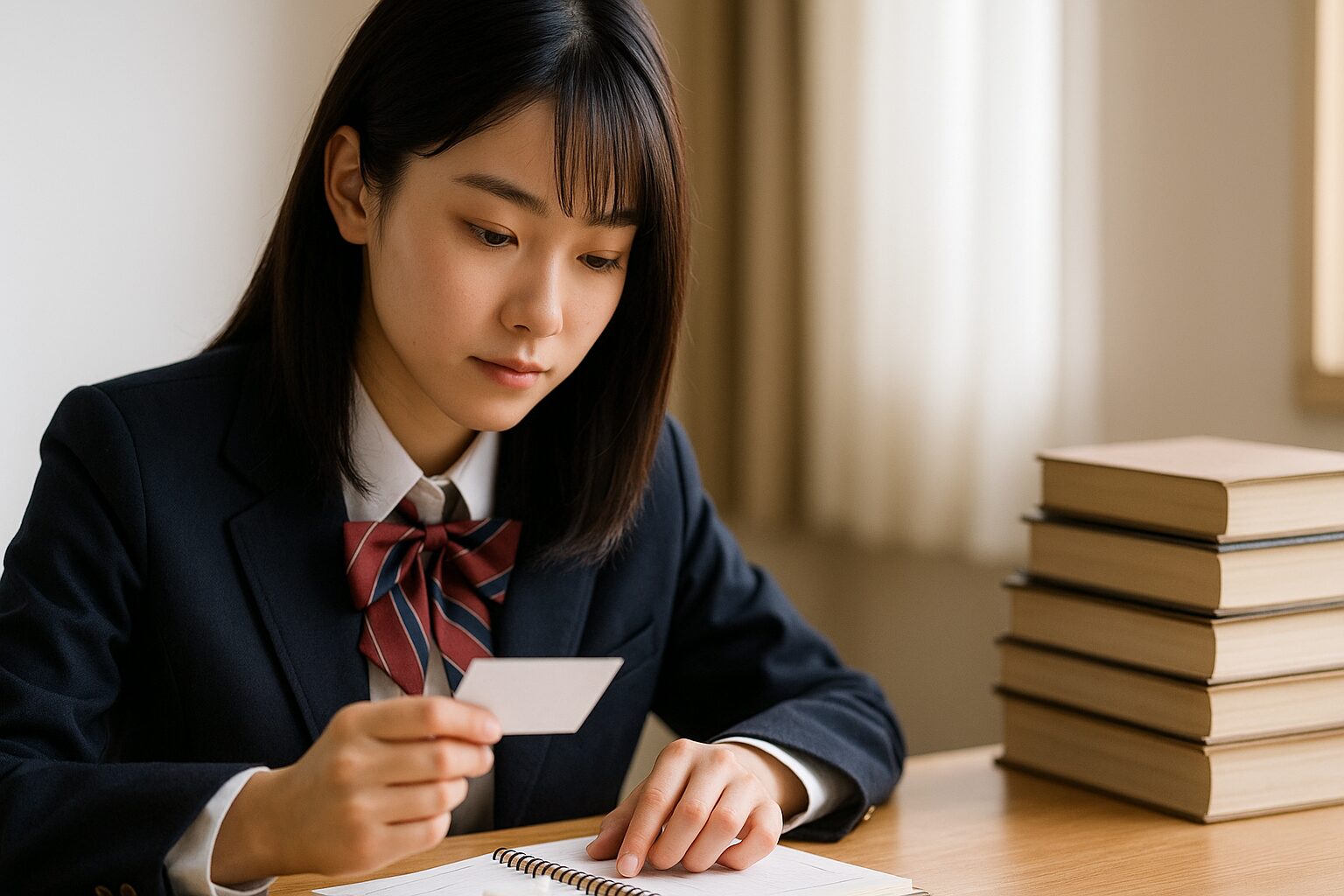 日本人の女子高校生が静かな教室の窓辺の木製デスクで自然光を浴びながらフラッシュカードをめくりしっかり集中して勉強し、分散学習で英単語の知識を定着させようとしている様子