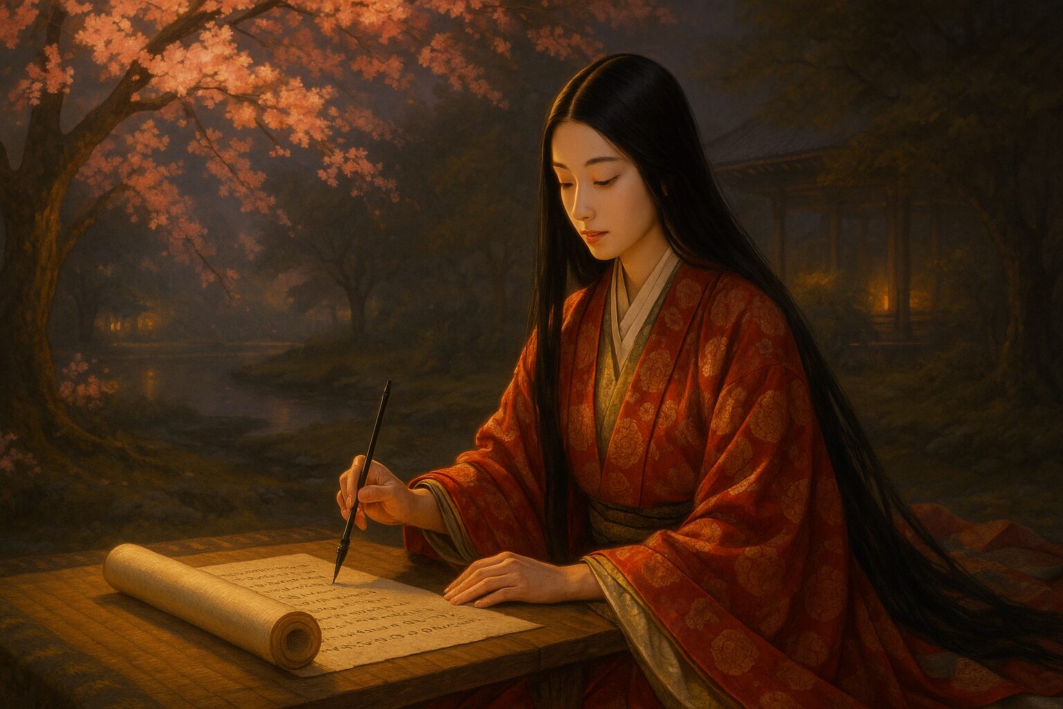 平安時代の美しい貴族女性が夕暮れの桜の下、緋色の十二単をまとい巻物に筆を走らせ、池面に映る花影と共に春の余情を綴って古典世界へ静謐にゆるりと誘う情景—助動詞きけり学習