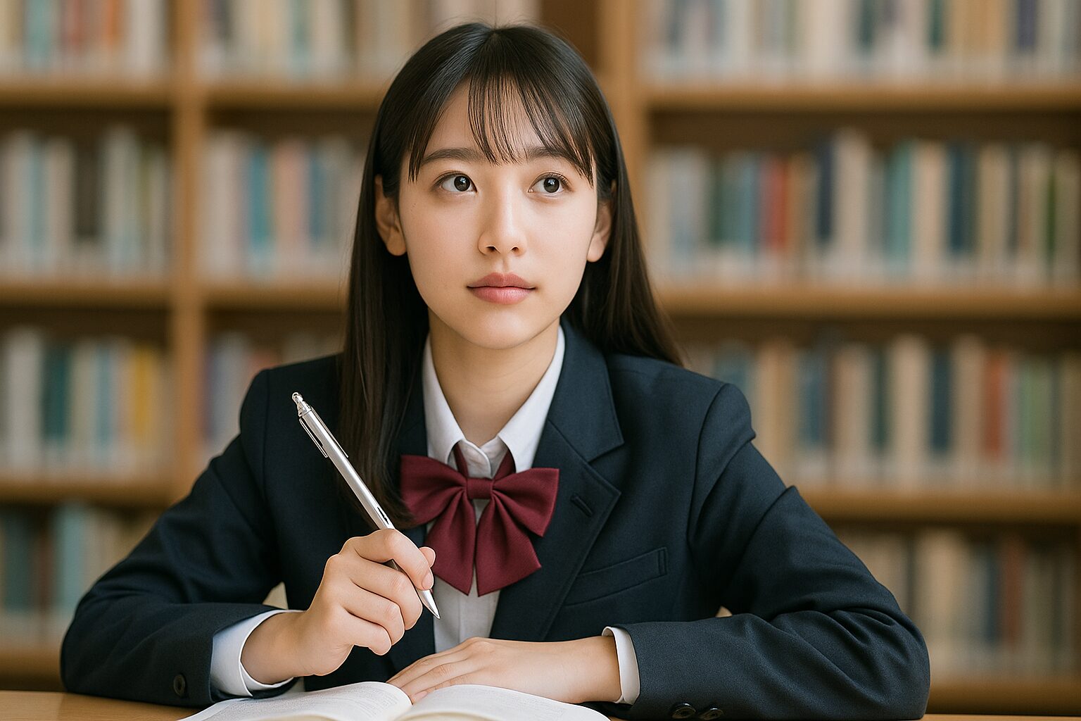 高校の制服を着た日本人の女子学生が図書館でペンを持ちながら思案げな表情で遠くを見つめている様子