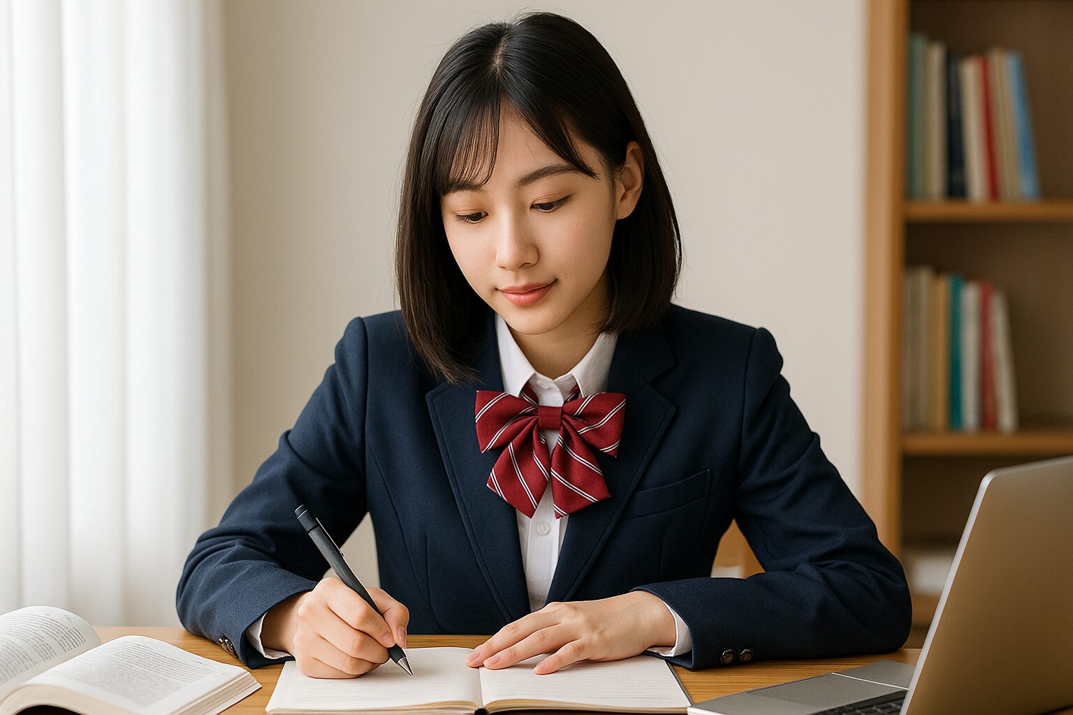開いた教科書とノートパソコンを前にして、熱心にスタディサプリベーシックの講義を受けてノートを取る学生。