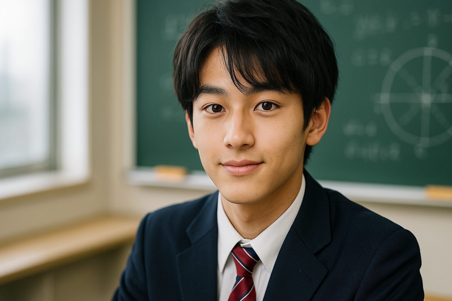 日本人の男子高校生が教室の机に座り、笑顔でカメラを見つめている。背景には黒板があり、数学の図や数式が描かれている。