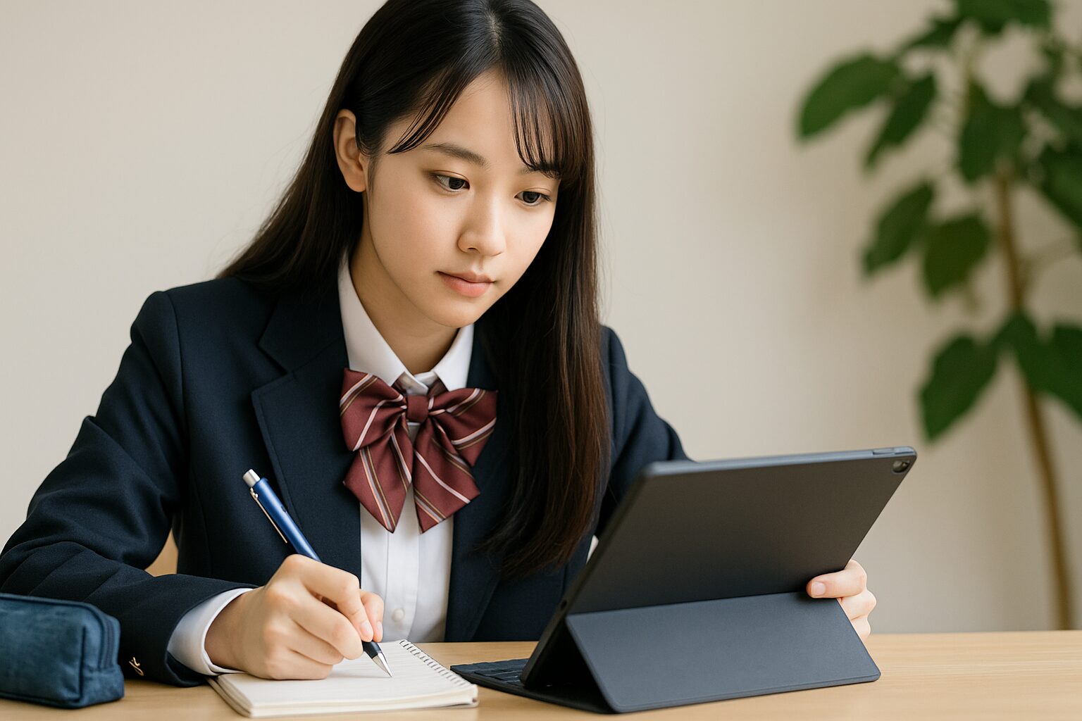 女子高校生がタブレットを見ながらノートに学習内容をまとめている様子を写したスタディサプリ用アイキャッチ画像。