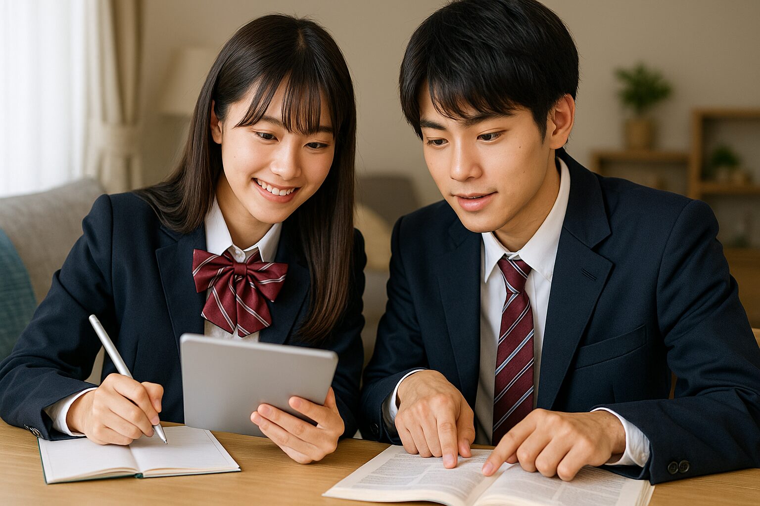 制服姿の高校生男女がタブレットと参考書を手に、スタディサプリとZ会の併用学習計画を立てながら協力して勉強している場面、明るいリビングで笑顔が印象的なシーンです