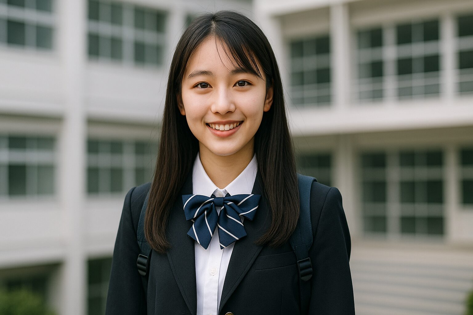 日本人の女子高校生が校舎前で笑顔を見せながら立っている姿を写した、制服姿のポートレート写真