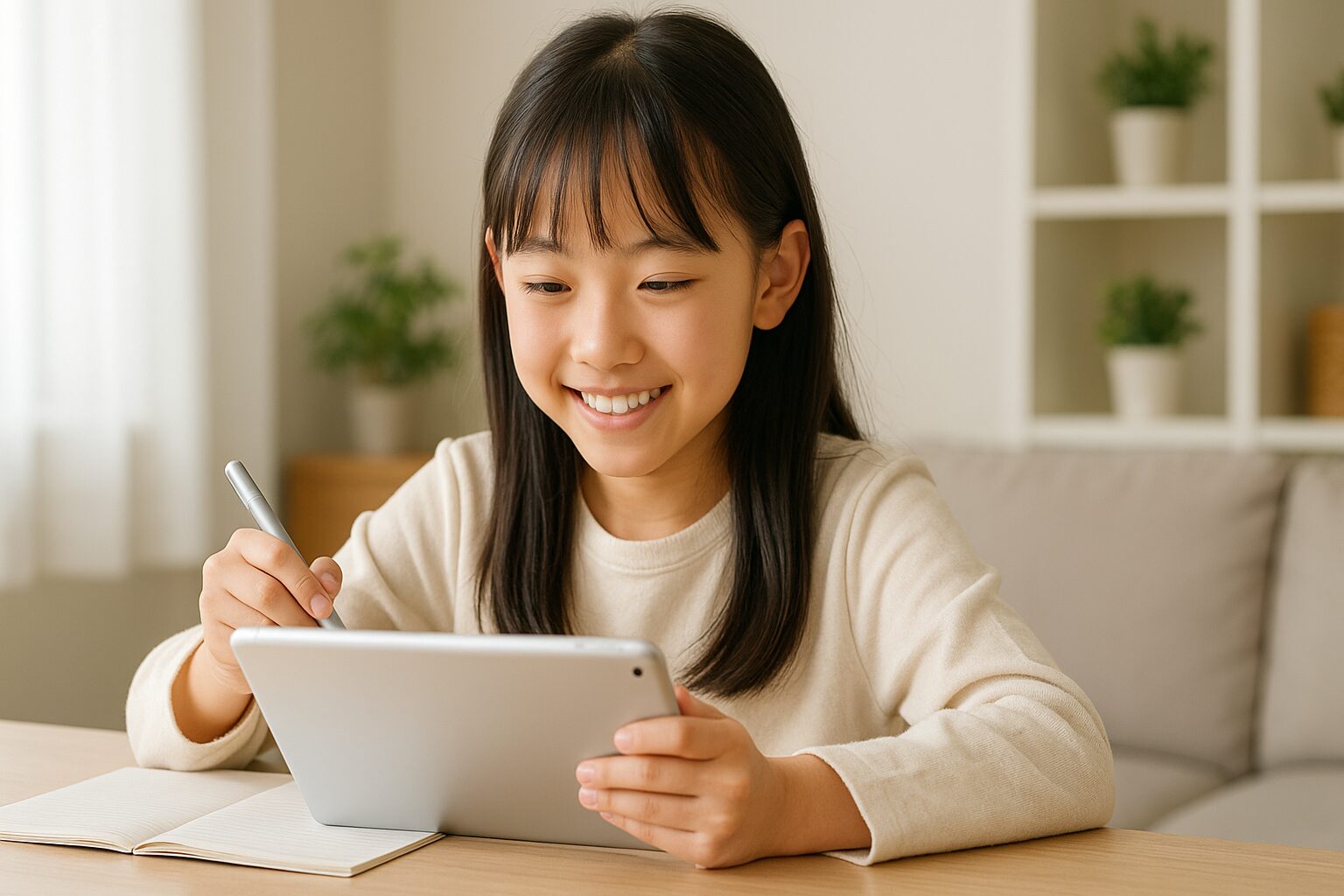 小学生の女の子がスタディサプリで勉強しながら笑っている。