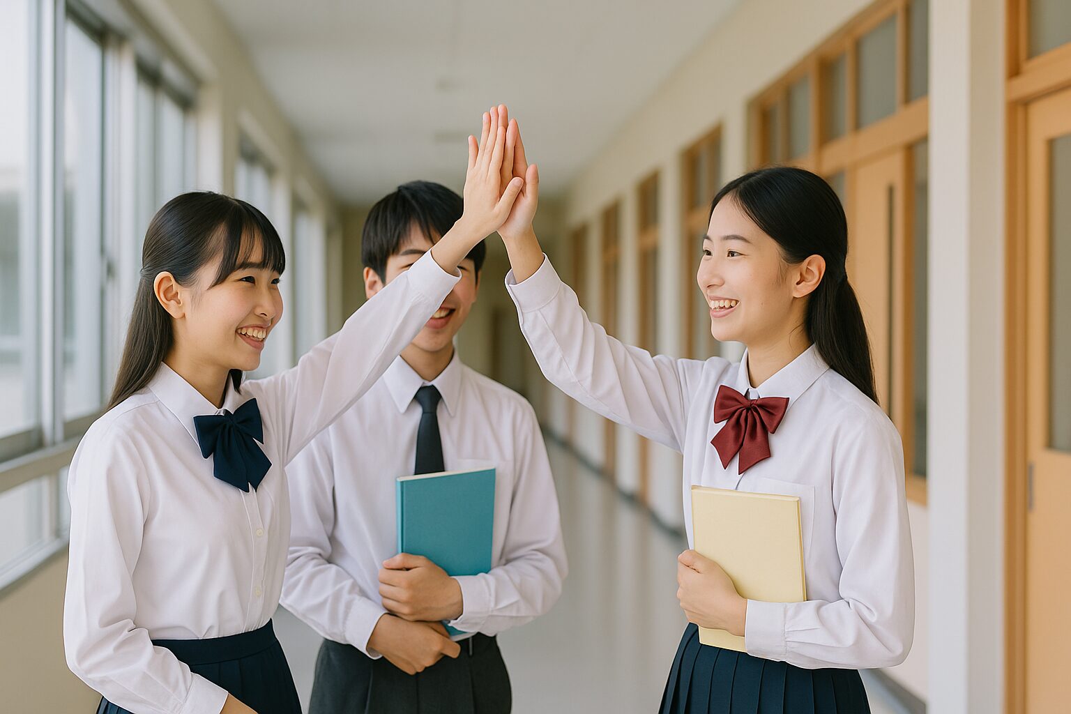 廊下で教科書を抱えた中学生の女子二人がハイタッチし、そばで男子生徒が笑顔で見守る。チームワークで苦手克服を誓い合う希望に満ちた瞬間 中学生 友情 達成感 学習意欲 協力学習