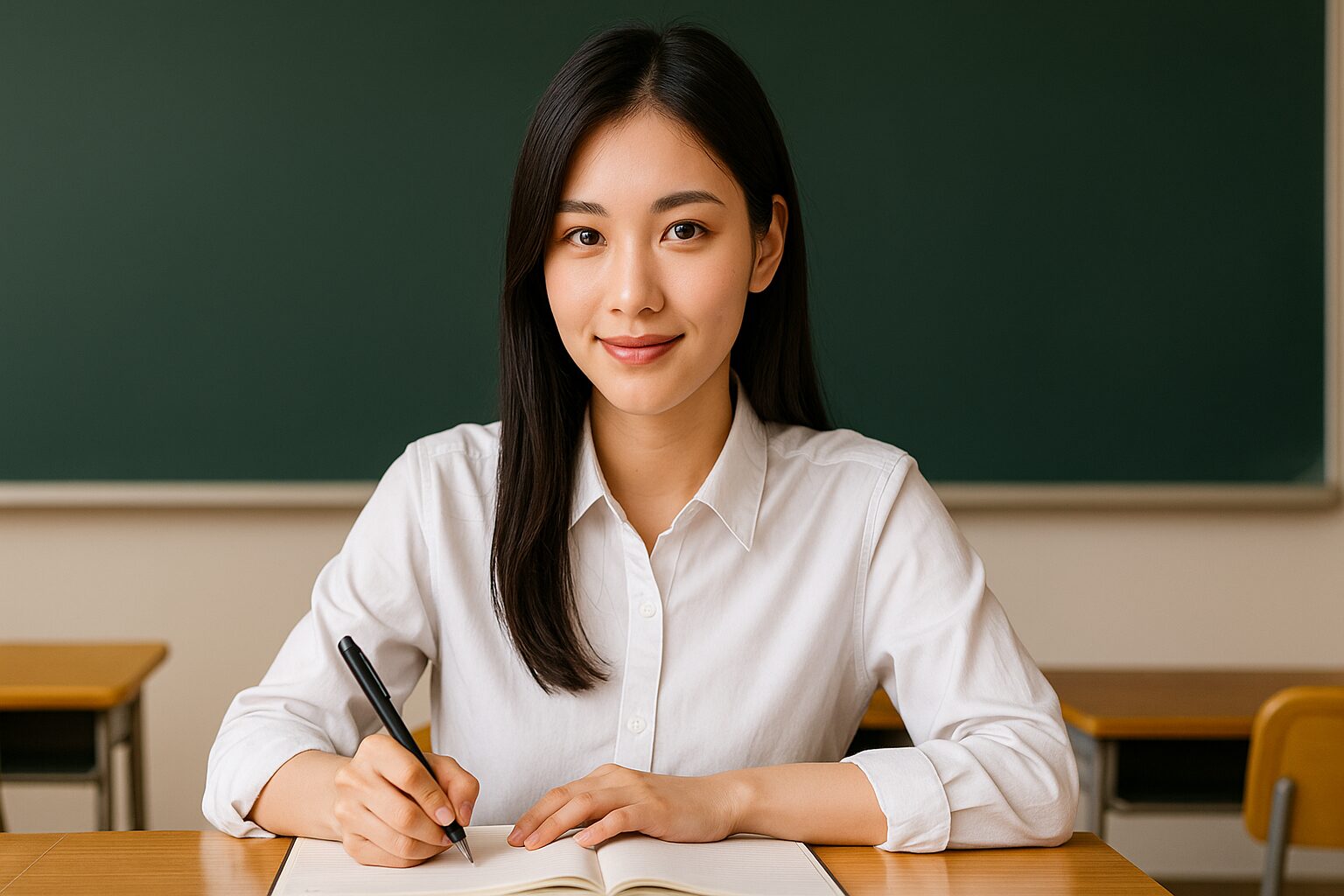 若い日本人女性が静かな教室の木製机で開いたノートにペンを走らせ、緑色の黒板を背に英語学習に集中している真剣かつ穏やかな表情を捉えた高解像度の写真。背景の教室がシンプルで学習に集中できる雰囲気を演出