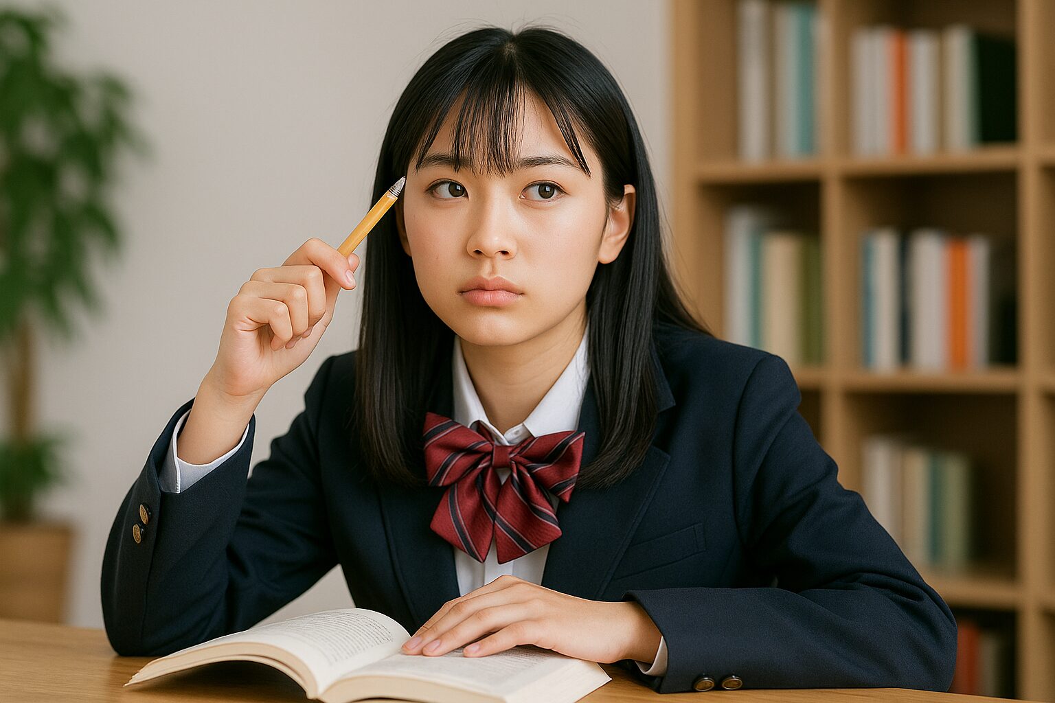 女子高校生が図書室で開いた参考書を読みつつ講座選択を検討しスタディサプリ活用で数学苦手克服と志望校合格を真剣に思案中、学習計画を練りながら自己分析を深める途中