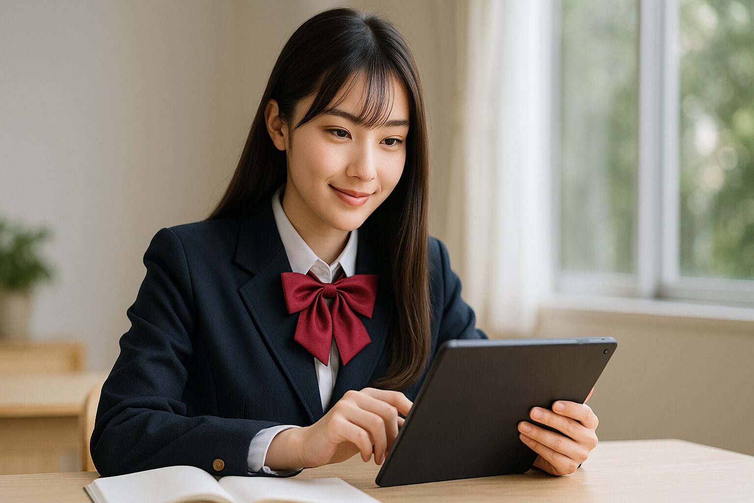 ネイビーのブレザーと赤いリボンを着た女子高校生が明るい窓辺の木製デスクでタブレット学習しながらノートを開き、スタディサプリ料金プランをチェックして理解を深めているシーン