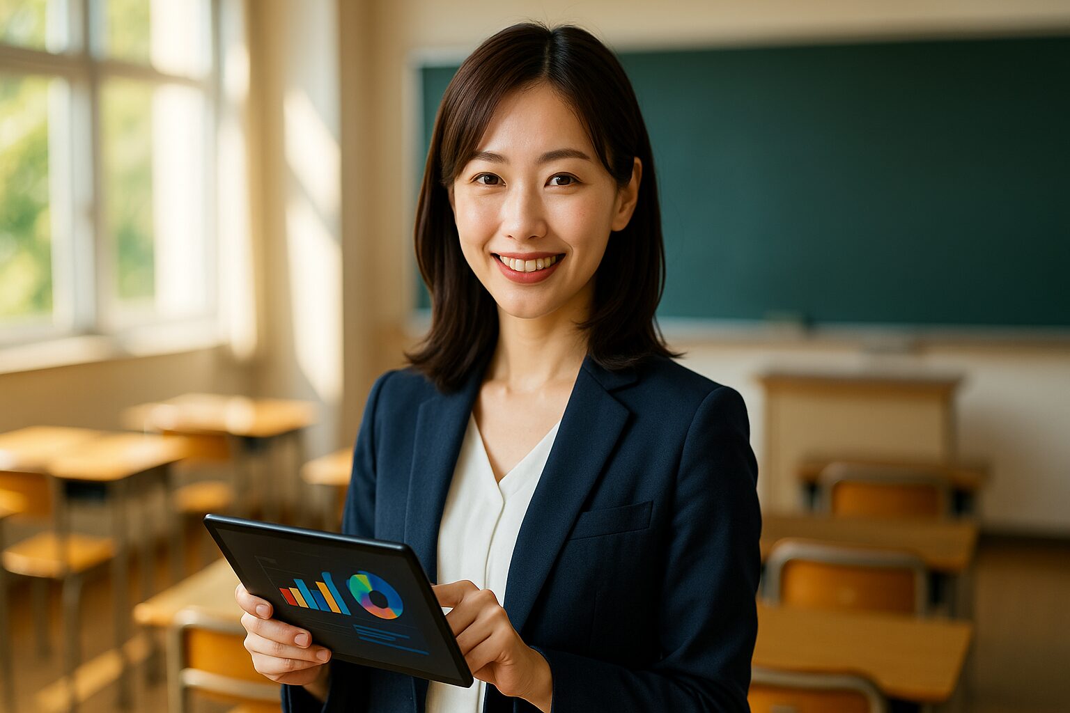 若い日本人女性教師が明るい教室でタブレットの学習進捗グラフを指差し、生徒支援とICT活用によるオンライン学習の自信を笑顔で伝える—スタディサプリforTeachers