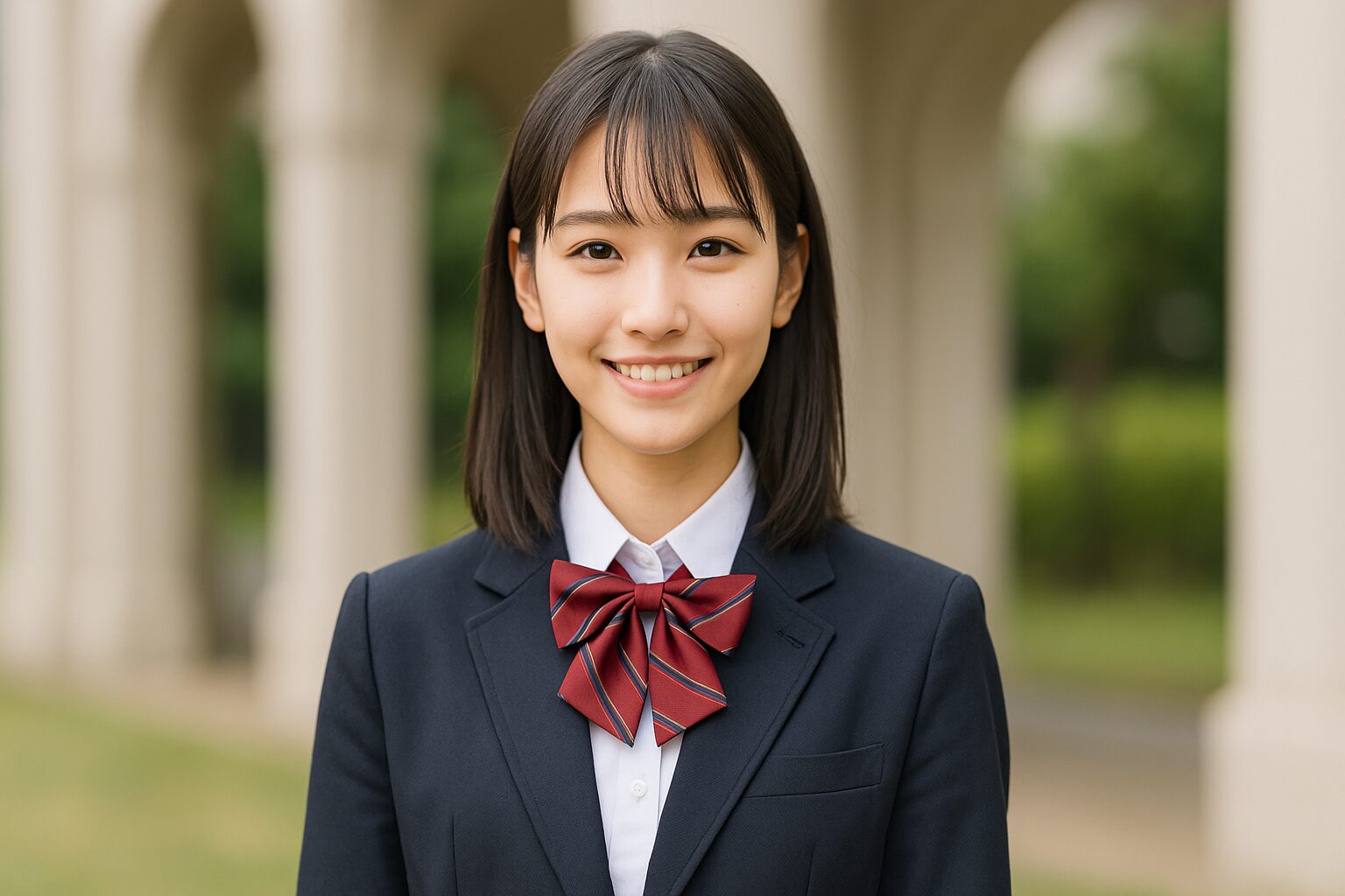 女子高校生が紺色ブレザーにえんじ色リボンの制服姿で列柱並ぶ校舎前に立ち笑顔を向ける+大学風キャンパス+進学意欲+推薦入試+晴天下リーダーシップ面接力強化+成長証明