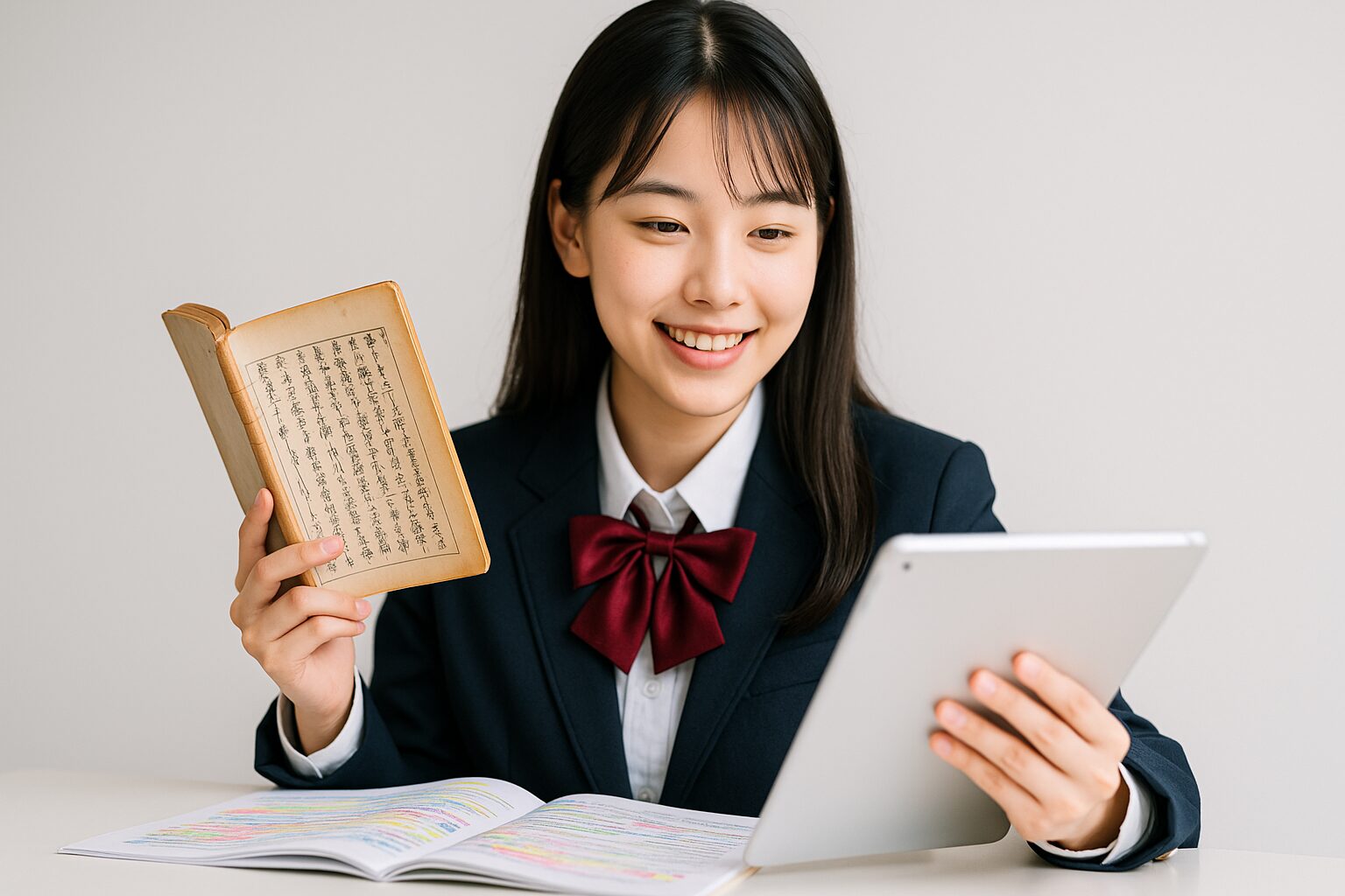 女子高校生が古典の書籍を片手にタブレット画面を確認しつつ、蛍光ペンで色分けしたノートを広げて学習する光景—高校生+古典学習+スタディサプリ+オンライン授業+自宅学習