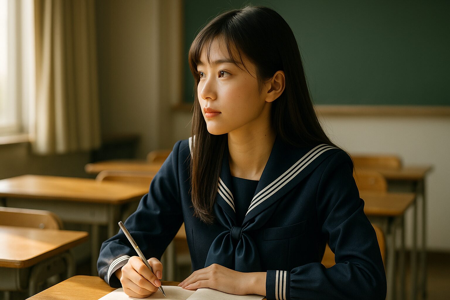 教室の窓辺でセーラー服姿の日本人女子高校生がノートにペンを走らせながら進路選択のヒントとなるスタディサプリ適職診断を思い浮かべているシーン、柔らかな朝日が差し込み集中したまなざしが印象的