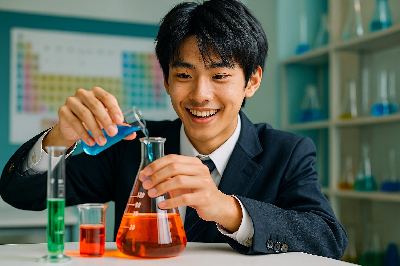 日本人の爽やかな男子高校生が制服姿で理科実験室のフラスコへ青い試薬を慎重に注ぎ、オレンジ液との反応を笑顔で観察するスタディサプリ化学講座のイメージ写真、楽しく学ぶ高校化学学習