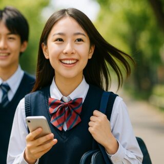 女子高校生がスマートフォンを握り新緑の並木道を笑顔で歩き、後方から男子クラスメートが同じ制服姿で続く通学シーン—オンライン学習サービス「スタディサプリ」イメージ