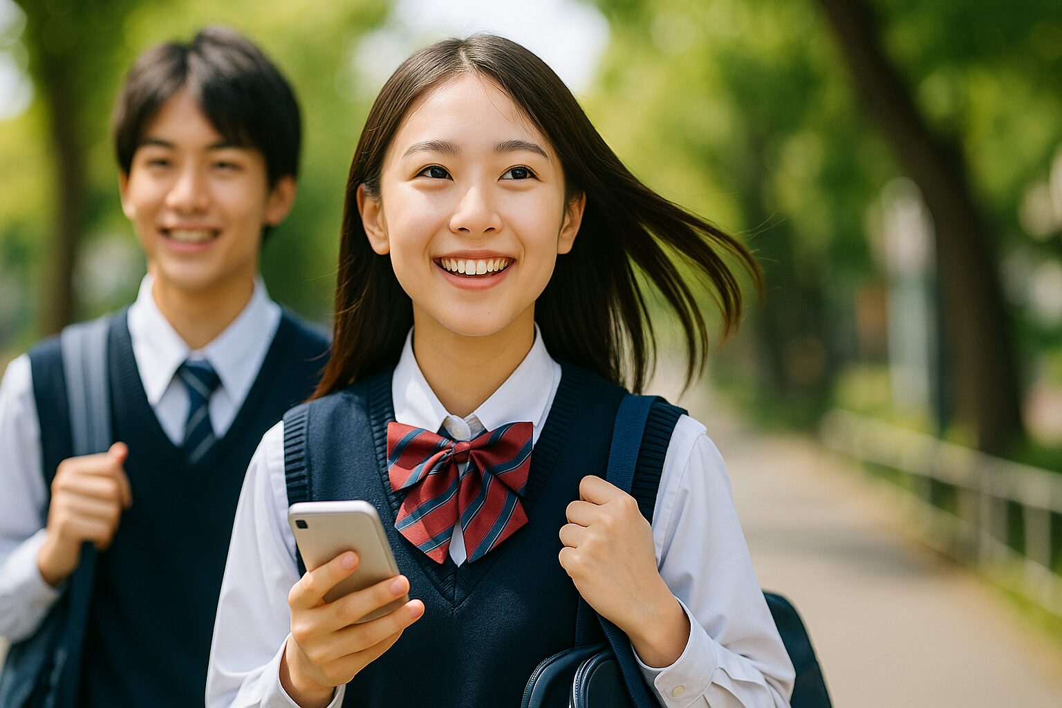 女子高校生がスマートフォンを握り新緑の並木道を笑顔で歩き、後方から男子クラスメートが同じ制服姿で続く通学シーン—オンライン学習サービス「スタディサプリ」イメージ