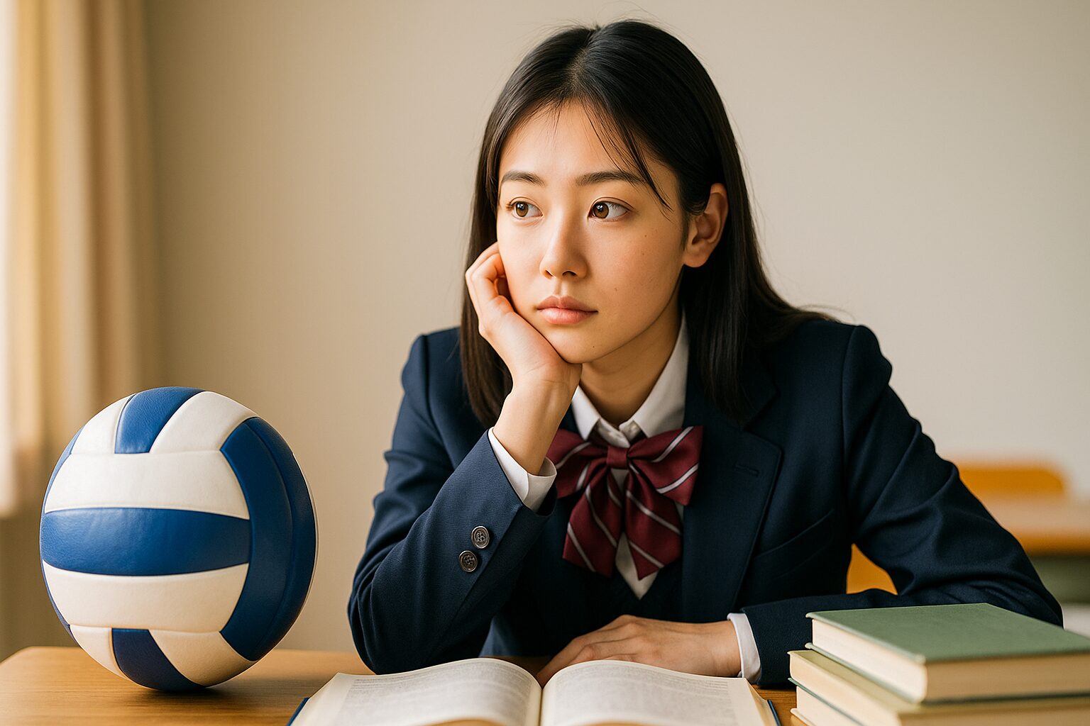 高校の女子生徒がバレーボールと積み上げた教科書に囲まれ、受験勉強と部活動の選択に悩みながら静かに未来を見据えている放課後の教室内の一瞬を切り取った情景を描写した