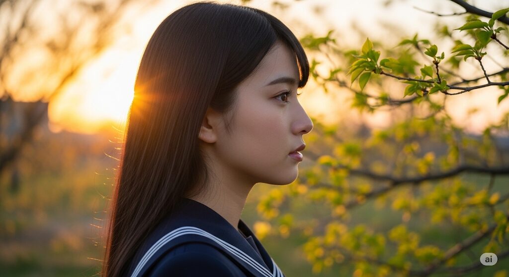 夕日を背景に、セーラー服を着た若いアジア人女性が右を向いて立っている。彼女の黒髪は肩までの長さで、前髪がある。背景には緑の葉をつけた木の枝が見える。