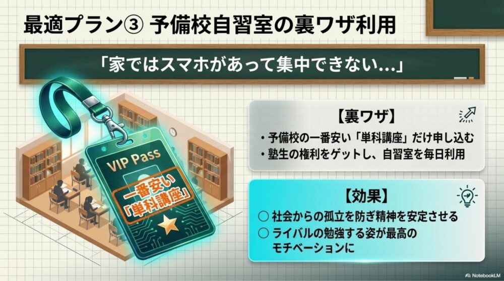  一番安い単科講座だけ申し込み、予備校の自習室を毎日フル活用して家での誘惑を断つ方法