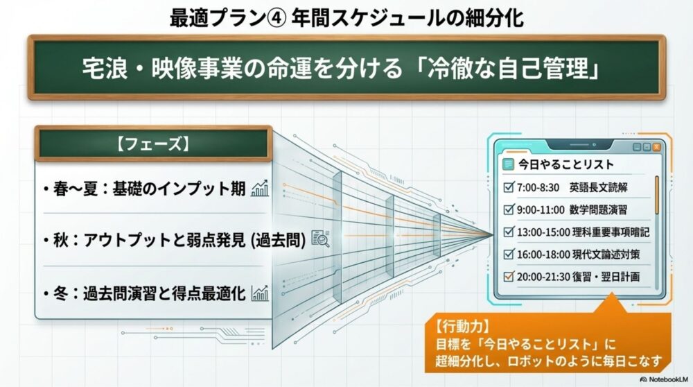  1年間の目標を月・週・日に細分化し、手帳で機械的にタスクを消化する自己管理術