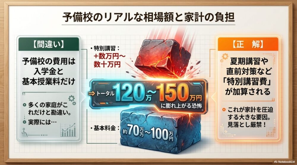  予備校の基本料金と特別講習費を足した年間150万円の相場の解説図