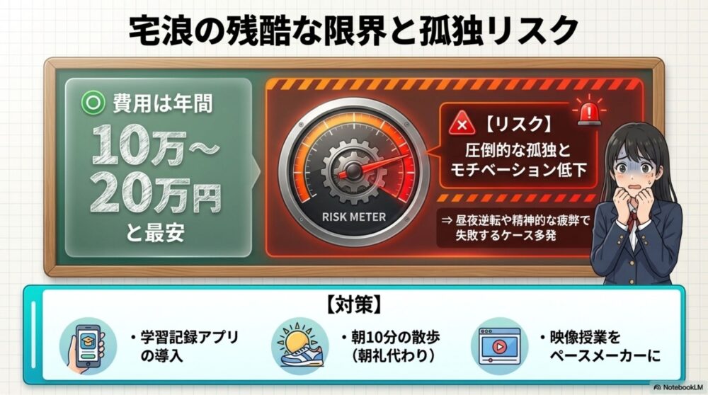  宅浪の費用メリットとモチベーション低下の大きなリスクの比較図