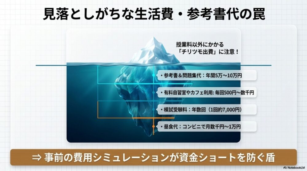  参考書や模試代、カフェ利用など見えない雑費が積み重なる図解