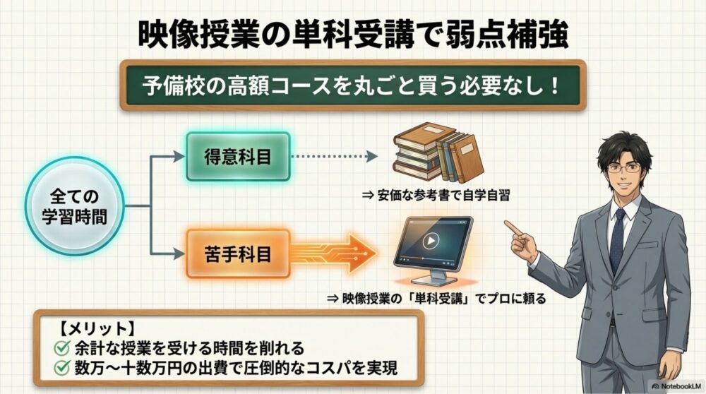  得意科目は自学自習し、苦手科目だけ映像授業の単科受講で安く補うハイブリッド戦略