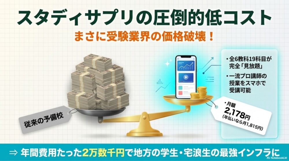  月額2000円台で全科目見放題となるスタディサプリによる価格破壊と質の高さ
