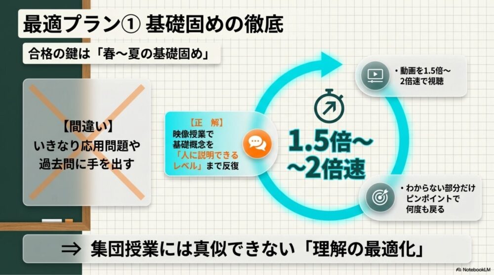  春から夏にかけて安価な映像授業を倍速再生し、反復して基礎を完成させるスケジュール