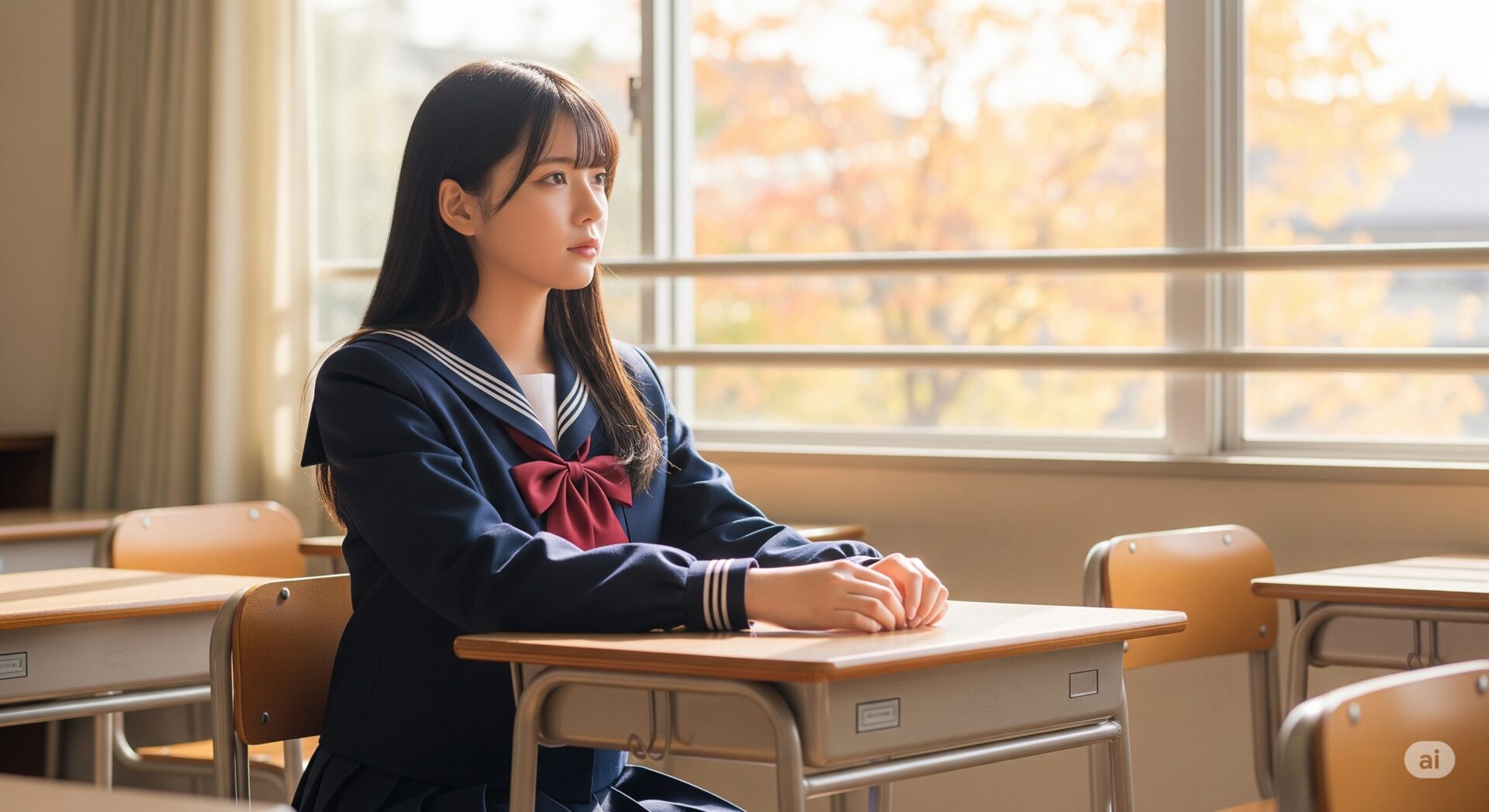 日の光が差し込む教室で、窓の外を眺めながら物思いにふける制服姿の美しい日本人学生。