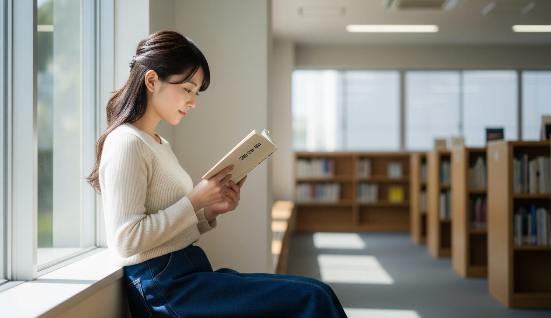 図書館の明るい窓際に座り、静かに本を読む若い女性。背景には本棚が並んでいる。