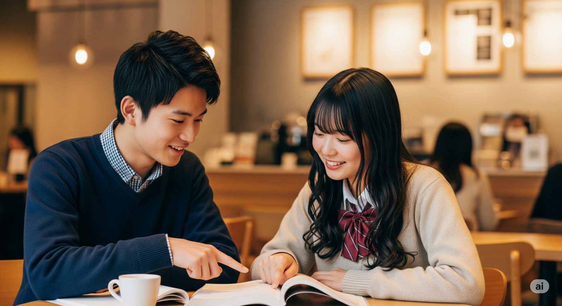 おしゃれなカフェで、楽しそうに漢文の教科書を指差しながら一緒に勉強している美形な日本の男女の高校生。