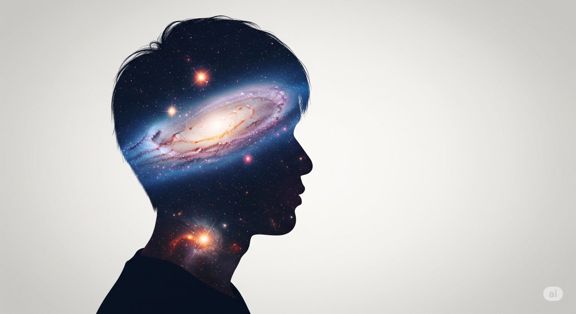 美しい日本人の横顔のシルエット。その内側には、思考の内的世界を表現する、輝く星雲や星々からなる美しい銀河が広がっている。メタ認知の概念を芸術的に表現した画像。