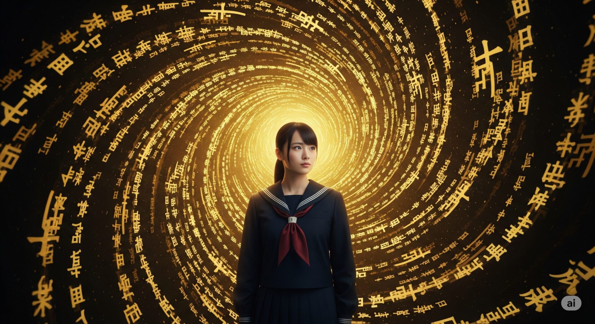 決意の表情を浮かべた美しい日本人女子学生が、渦巻く金色の漢字の中心に立っている、学習の挑戦を象徴した画像。