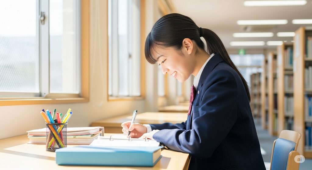 明るい日差しが差し込む図書館で、きれいに整理されたルーズリーフを前に、笑顔で勉強する日本の美しい女子高生。