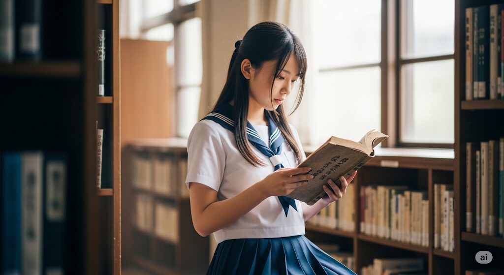 図書館の明るい光の中で、古典文法の参考書を開いて熱心に勉強する女子高生。