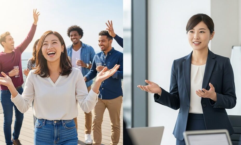 日常英会話とビジネス英語の利用シーンを対比した画像。左側では、国際色豊かな友人たちと屋外のパーティーで楽しそうに話す日本人女性が写っており、右側では、スーツを着た同じ女性がオフィスでプレゼンテーションをしている。
