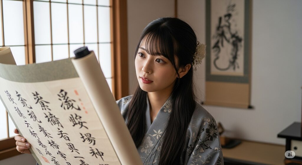 着物姿の若い女性が、日本の伝統的な家屋の一室で、大きな巻物を広げて見ている。巻物には毛筆で書かれた文字が並んでいる。女性は真剣な表情で巻物に目を通している。背景には掛け軸や障子が見える。